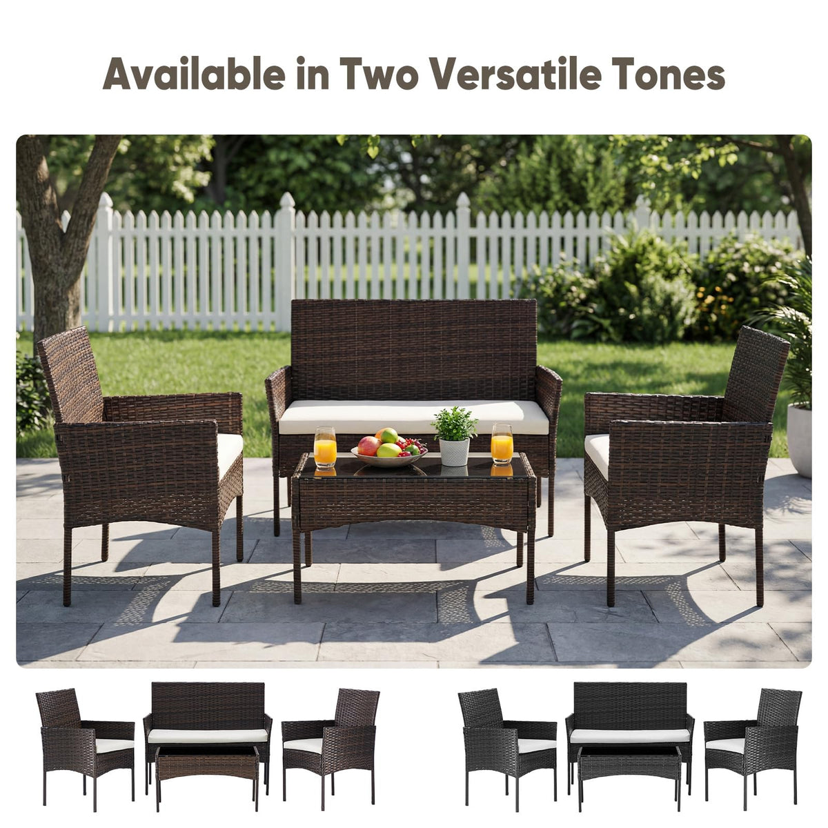 4-Piece Patio Furniture Set, Outdoor Rattan Seating Chair, Brown