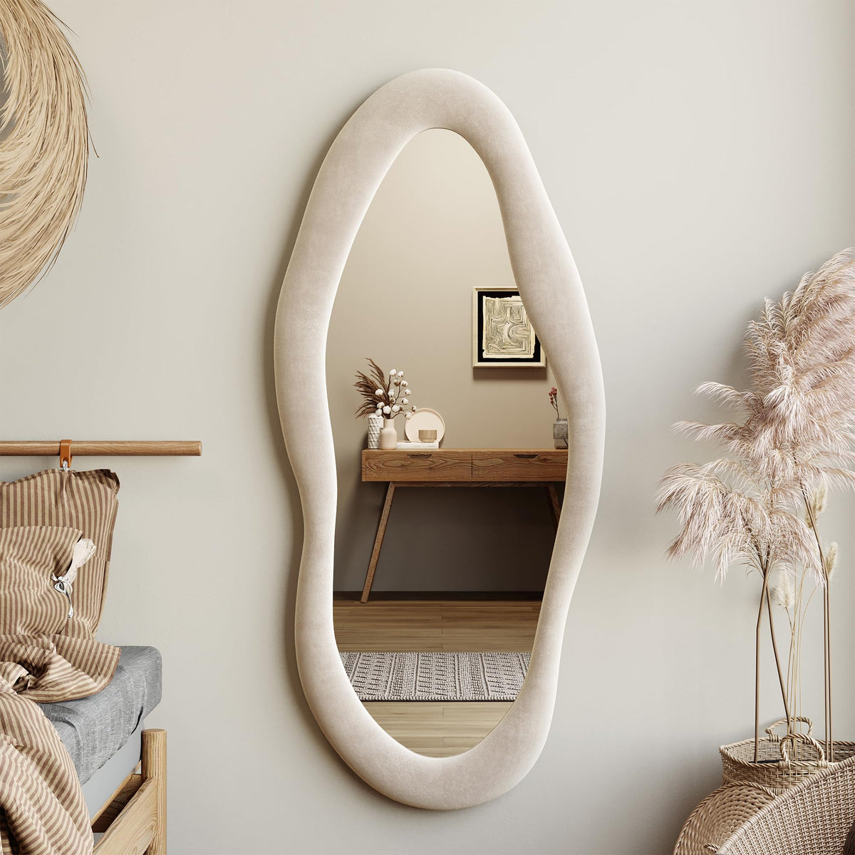55" x 24" Wall Mirror, Flannel Wrapped Wooden Frame Wavy Mirror, Irregular Mirror Hanging
