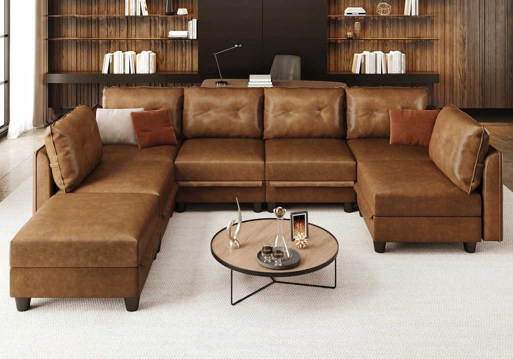 Brown Leather Modular Sofa Sectional Couch with Storage