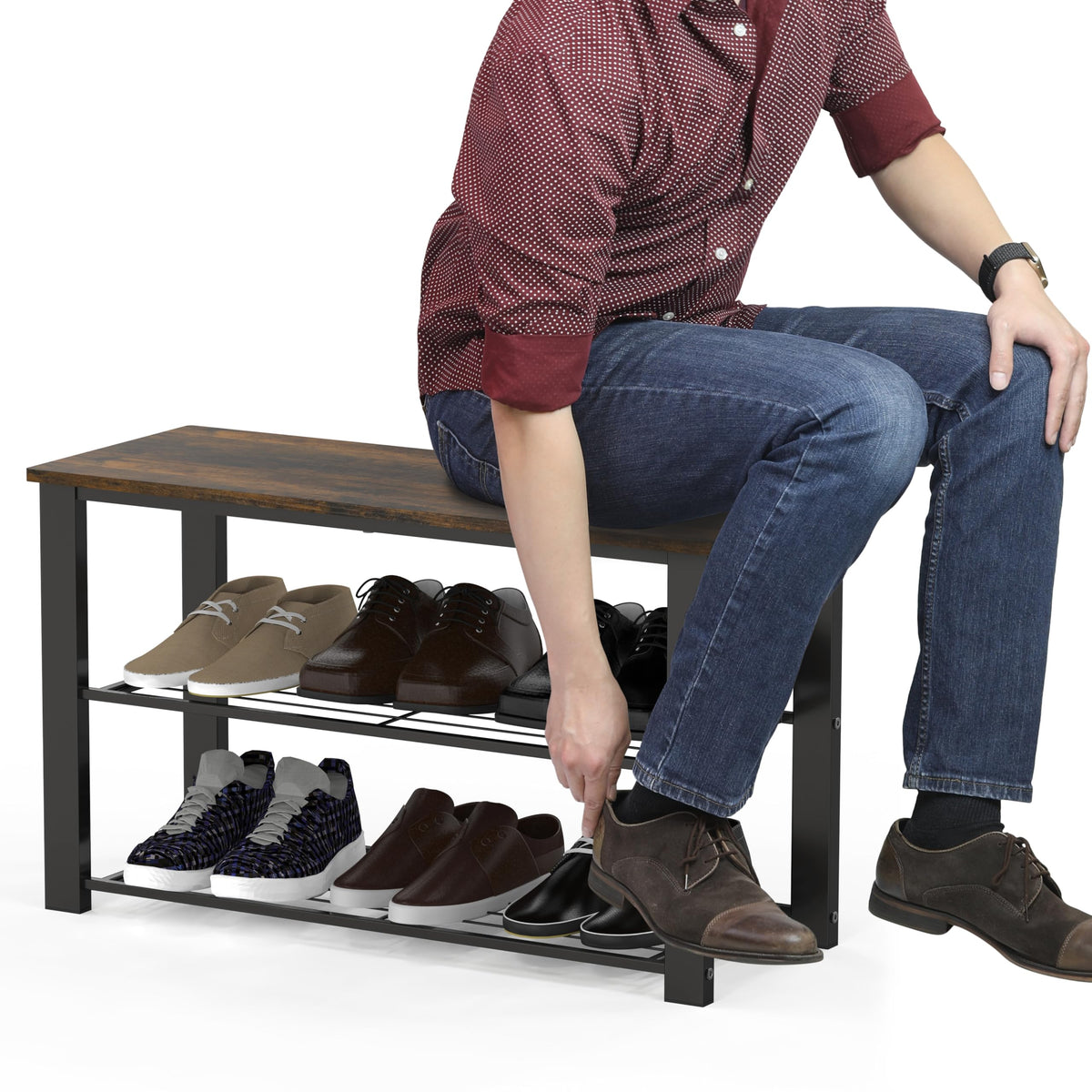 Wooden Top Shoe Rack Bench, Rustic Brown