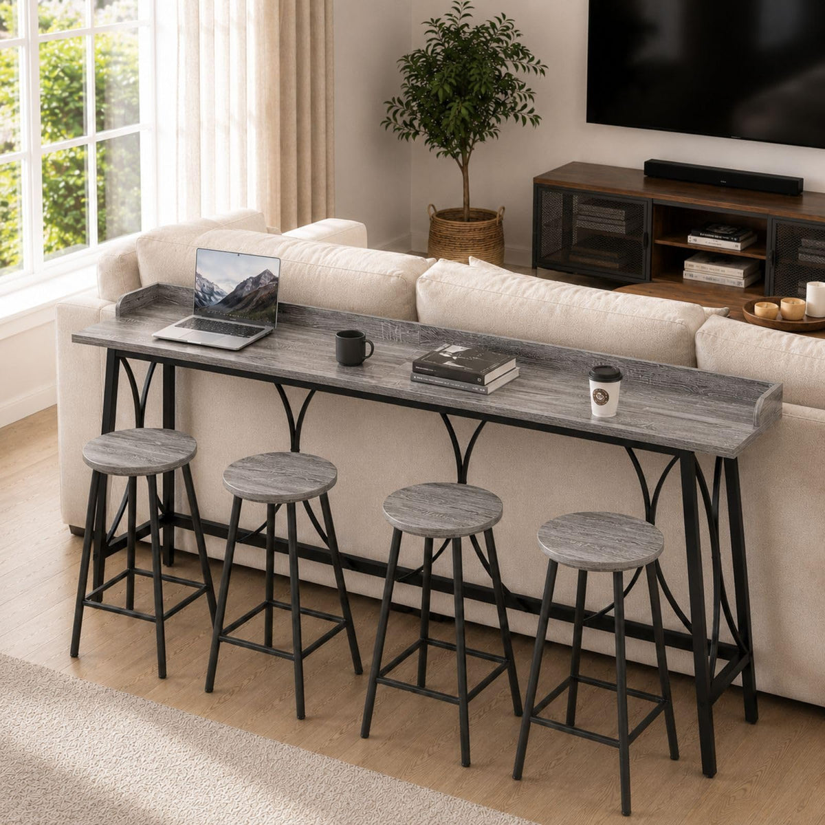 82.3" Bar Table, Counter Height Table with Back Rail, Wash Gray
