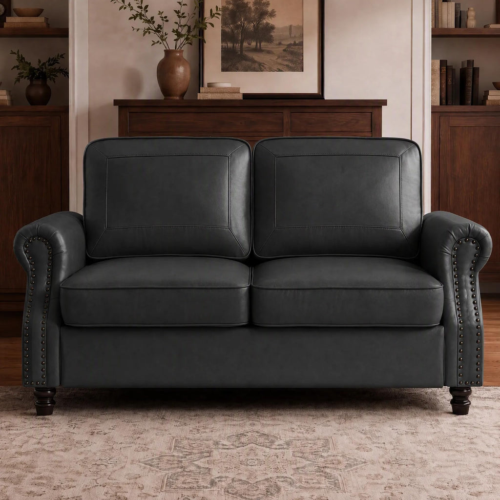 Faux Leather Loveseat Sofa with Rolled Arms, Black