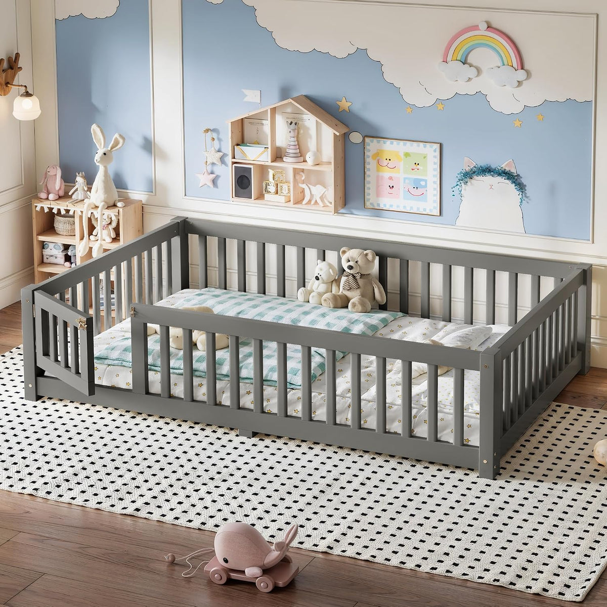 Full Size Montessori Floor Bed Frame with Slats and Fence for Kids, Gray