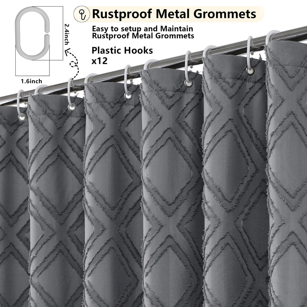 Extra Long 96 Inch Grey Shower Curtains, Boho Fabric Shower Curtain Grommet Top With 12 Hooks, Elegant Modern