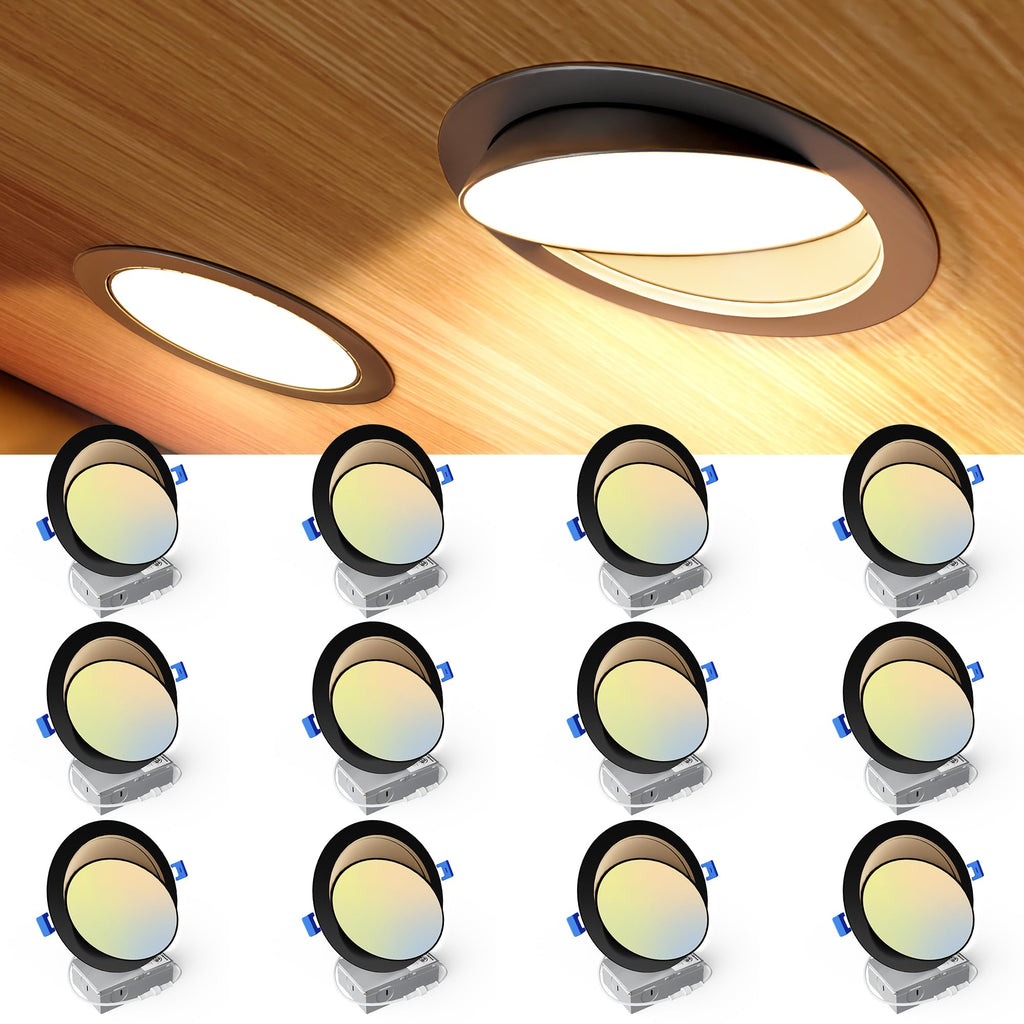 12 Pack 6 Inch Black LED Eyeball Gimbal Recessed Light, 5CCT