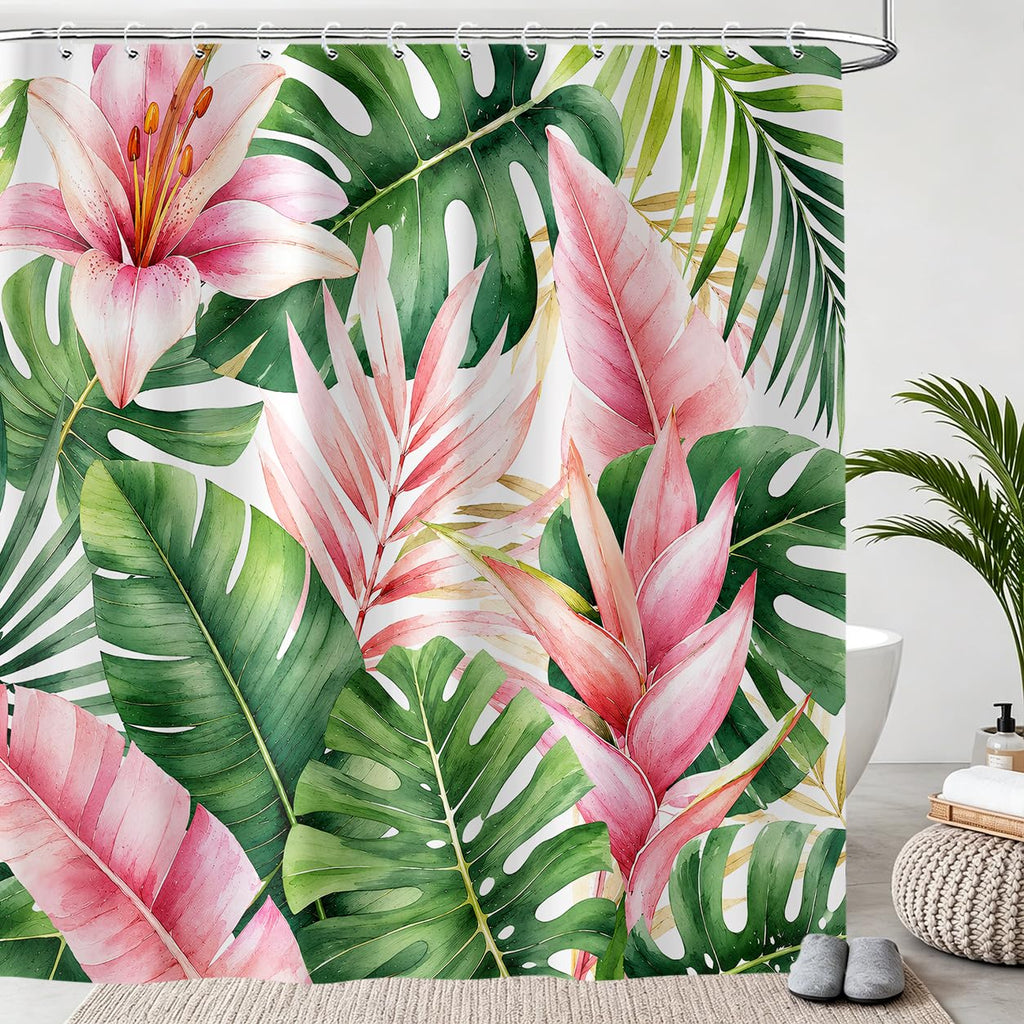 Pink and Green Tropical Shower Curtain, Botanical Palm Leaf Floral Boho Shower Curtains Set, Monstera Jungle Plant