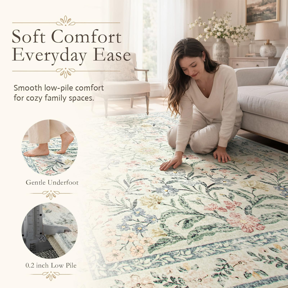 Washable Rug Runner 2'6''x8', Boho Floral Hallway Runner Rug 8ft Long Carpet, Soft Non Slip Ultra-Thin Beige Carpets