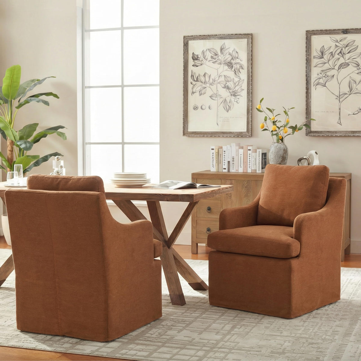 Upholstered Set of 4, Dining Room Chairs with Casters