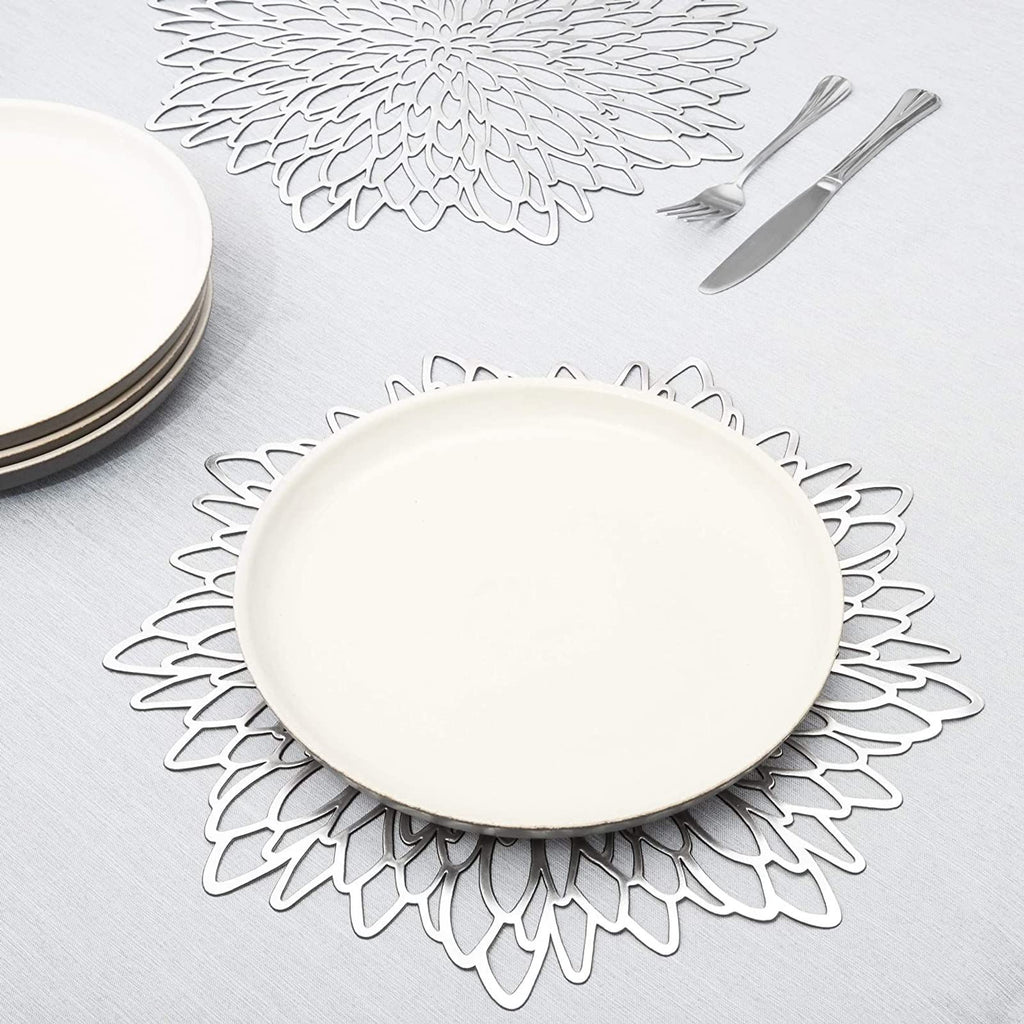 10 Pack Silver Metallic Vinyl Placemats - 14.4" x 14.4" Round Table Mats and Chargers with Leaf Design for Elegant