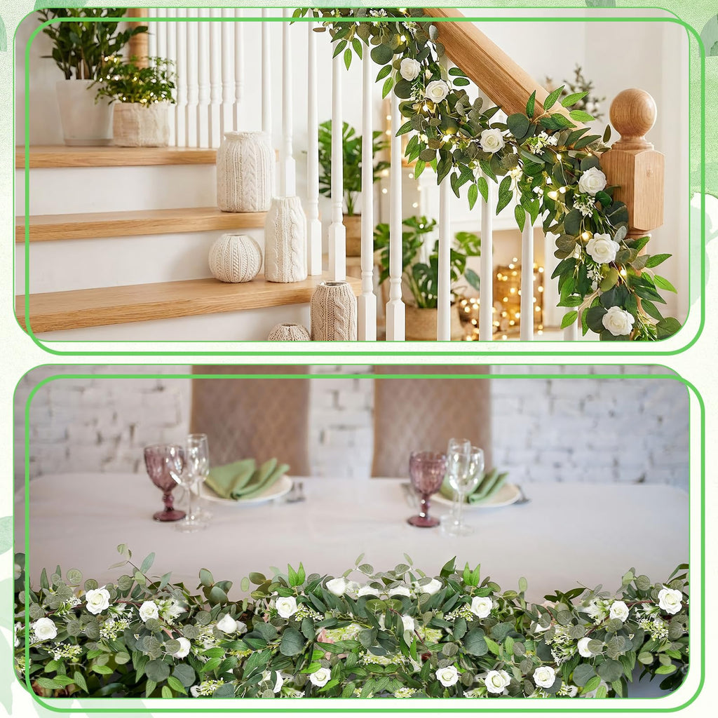 2 Pack Garland Set, 6 ft Artificial White Rose Eucalyptus Garland