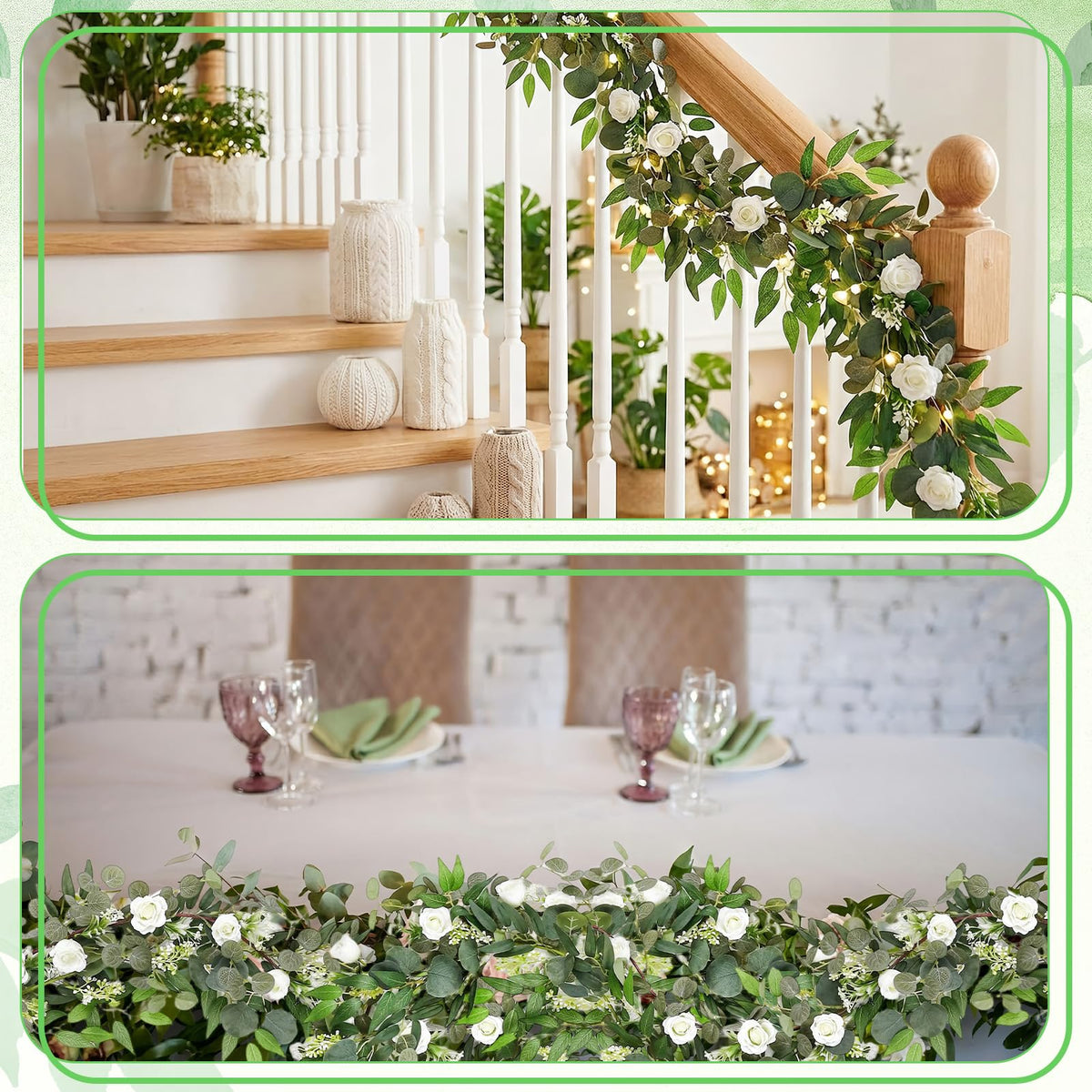 2 Pack Garland Set, 6 ft Artificial White Rose Eucalyptus Garland