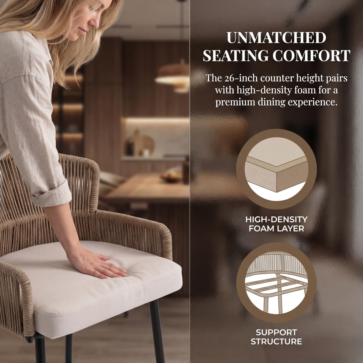 Farmhouse Woven Bar Stool, 26 Inch Linen Upholstered Rattan Barstool with Curved Backs, Modern Cane Counter Height