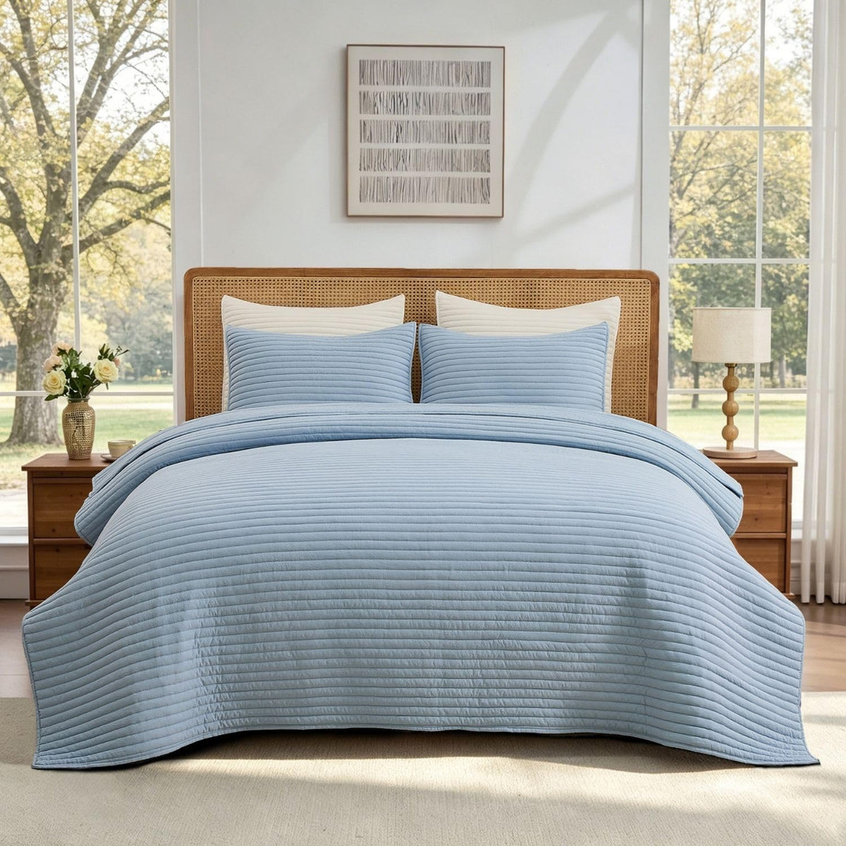 Lightweight Microfiber Quilt Set - Pre-Washed Bedding with Stripe Stitching, All-Season Soft Thin Comforter