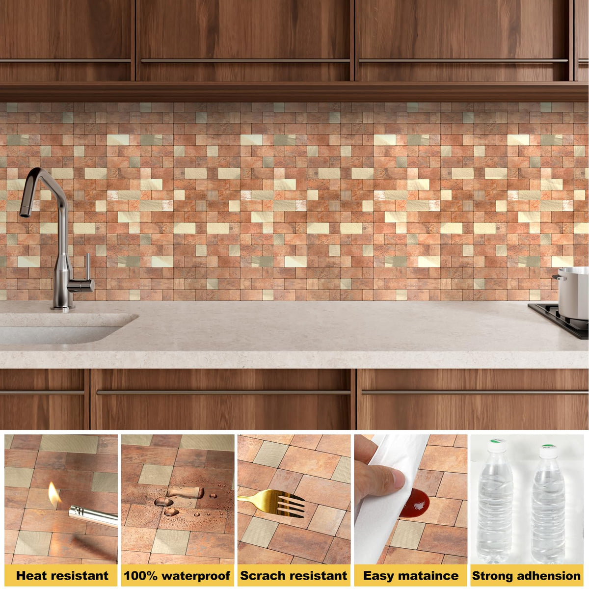 Peel and Stick Backsplash Tile, Stick on Stainless Steel Backsplash Metal Tiles Walls in Copper (12''x12'',10 Sheets)