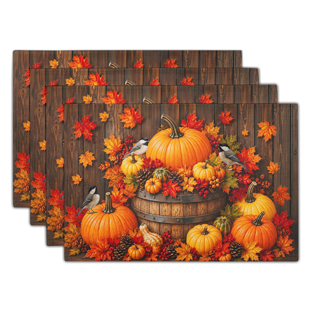 Autumn Placemats Set of 4 12x18 Inch Fall Maple Leaf Pumpkins Birds Decorative Linen Table Mat Rustic Wood Board
