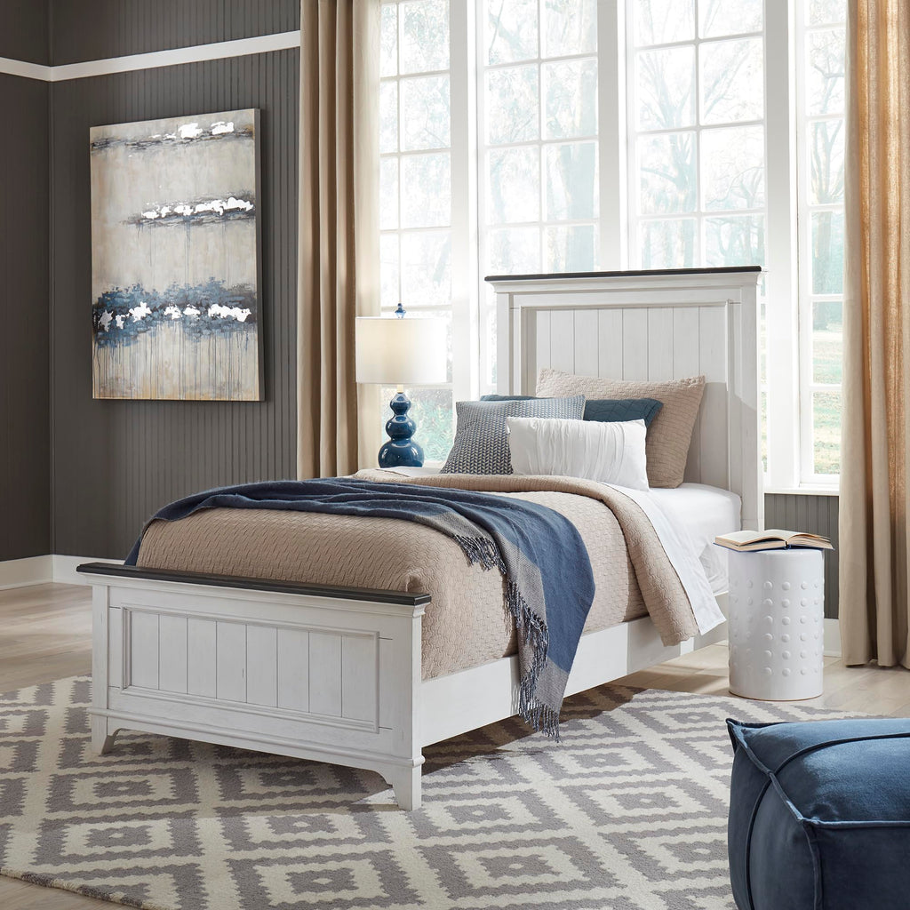 Allyson Park Panel Bed Cottage - Wirebrushed White w/Charcoal Tops