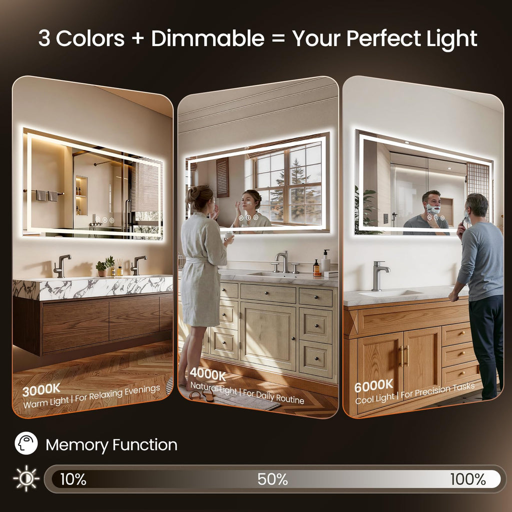 60"x30" LED Bathroom Mirror with Anti-Fog, Backlit & Front Lights, Memory