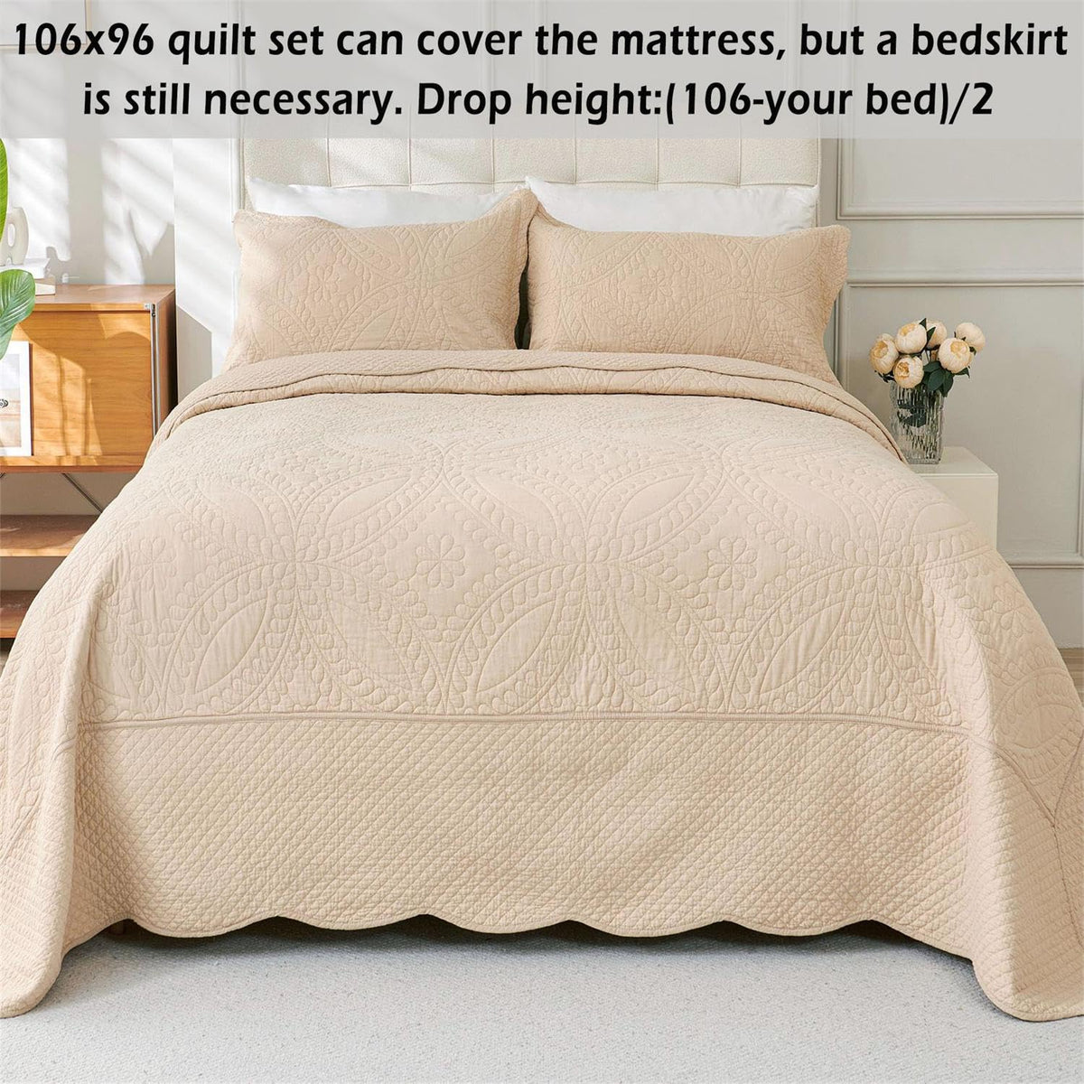 100% Cotton Quilt -Beige Bedspread 106"x96"-Coin Pattern Bedding Set 3 Pieces-Pre-Washed Lightweight Cotton