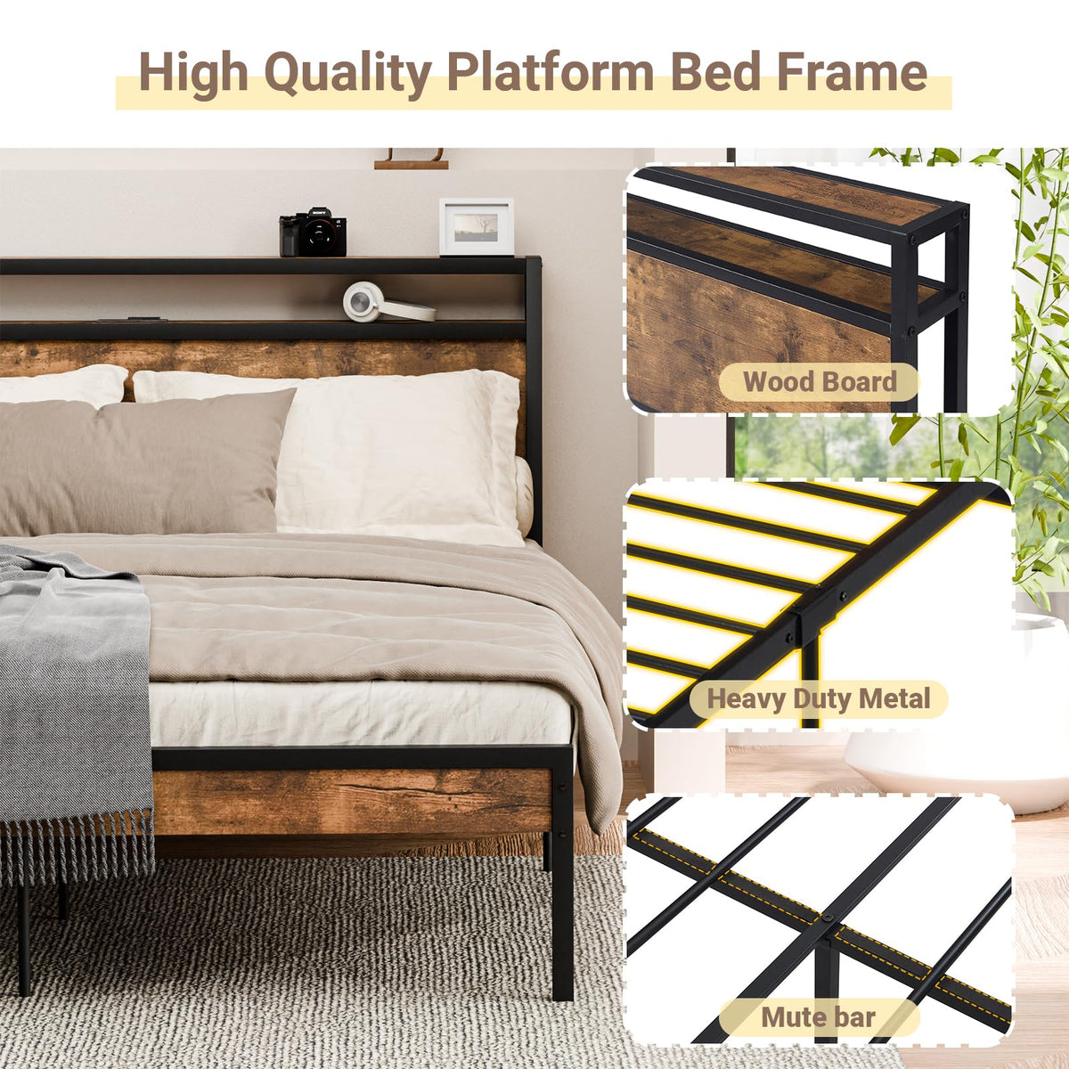 Bed Frame with Headboard, with Charging Station, Metal Platform Bedframe No Box Spring Needed