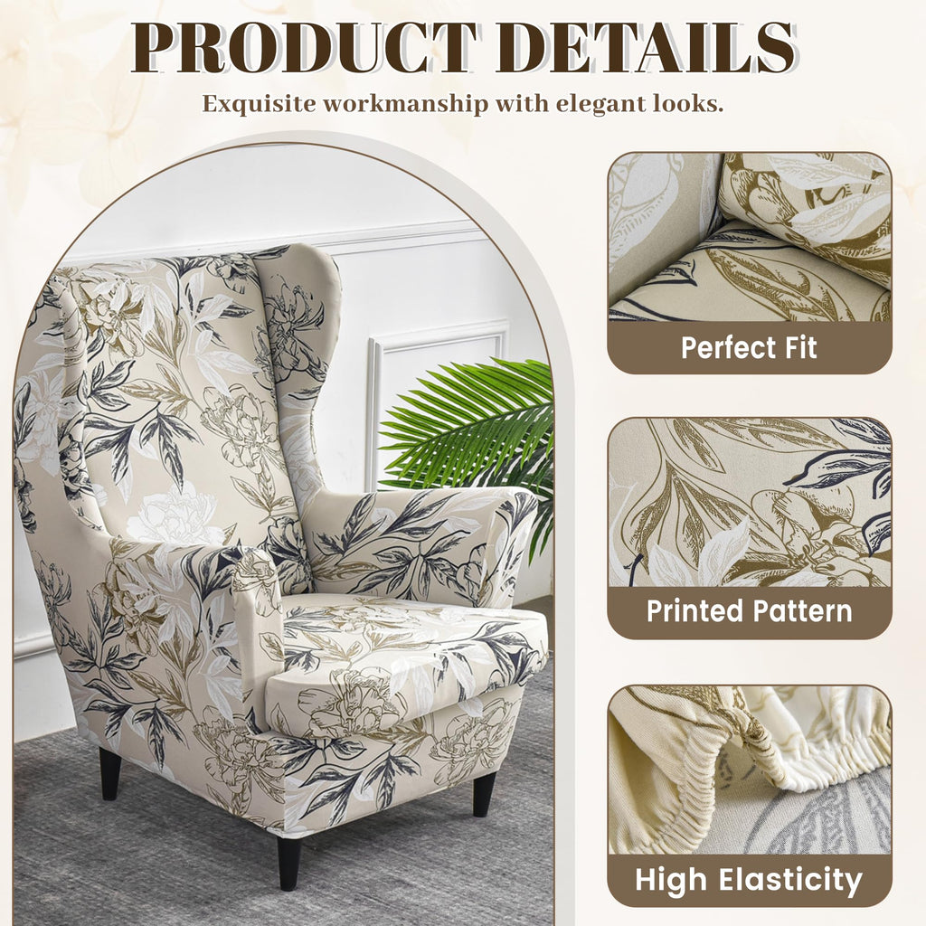 Printed Wingback Chair Cover 2 Pieces Stretch Spandex Slipcover Soft Washable Non-Slip Armchair Protector with