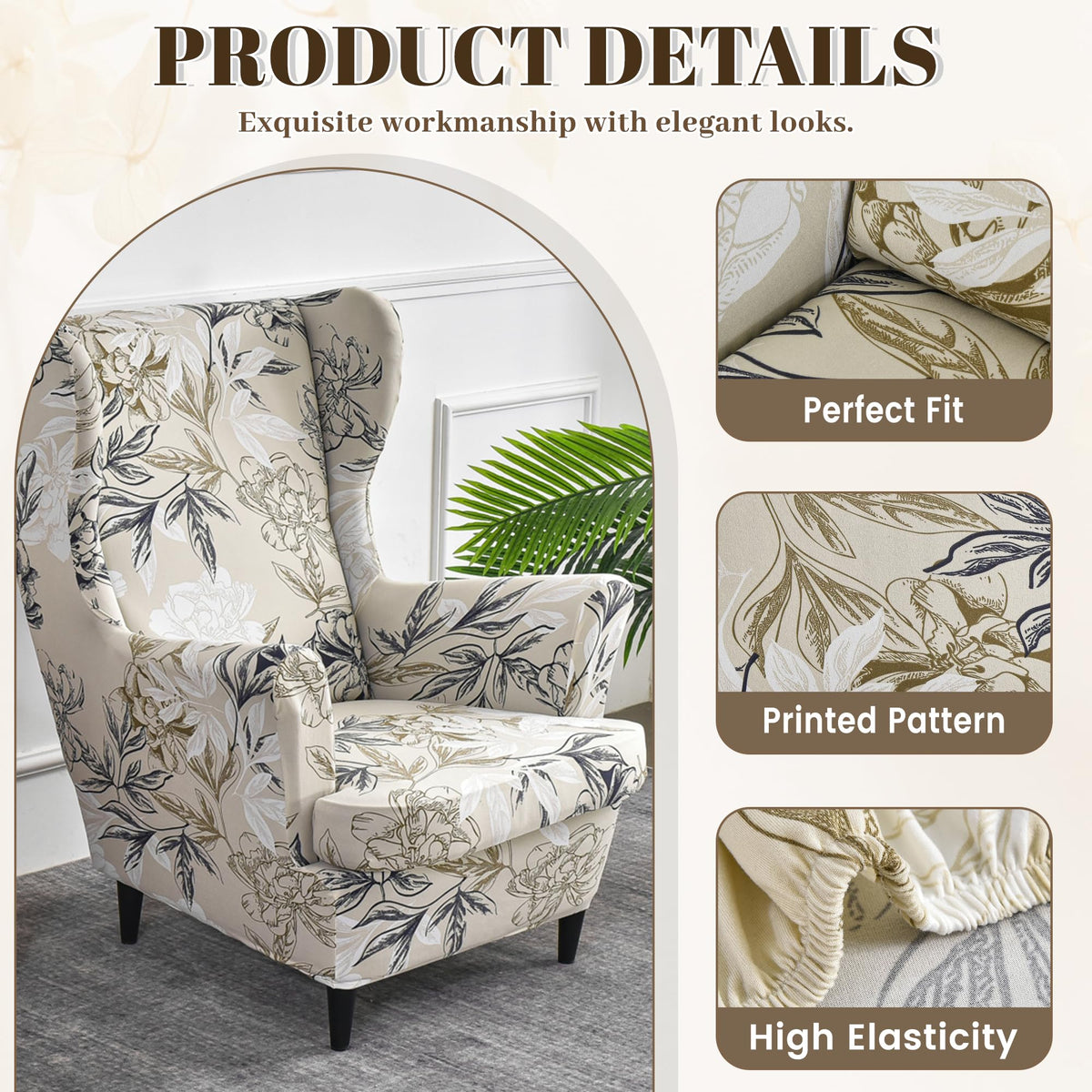 Printed Wingback Chair Cover 2 Pieces Stretch Spandex Slipcover Soft Washable Non-Slip Armchair Protector with