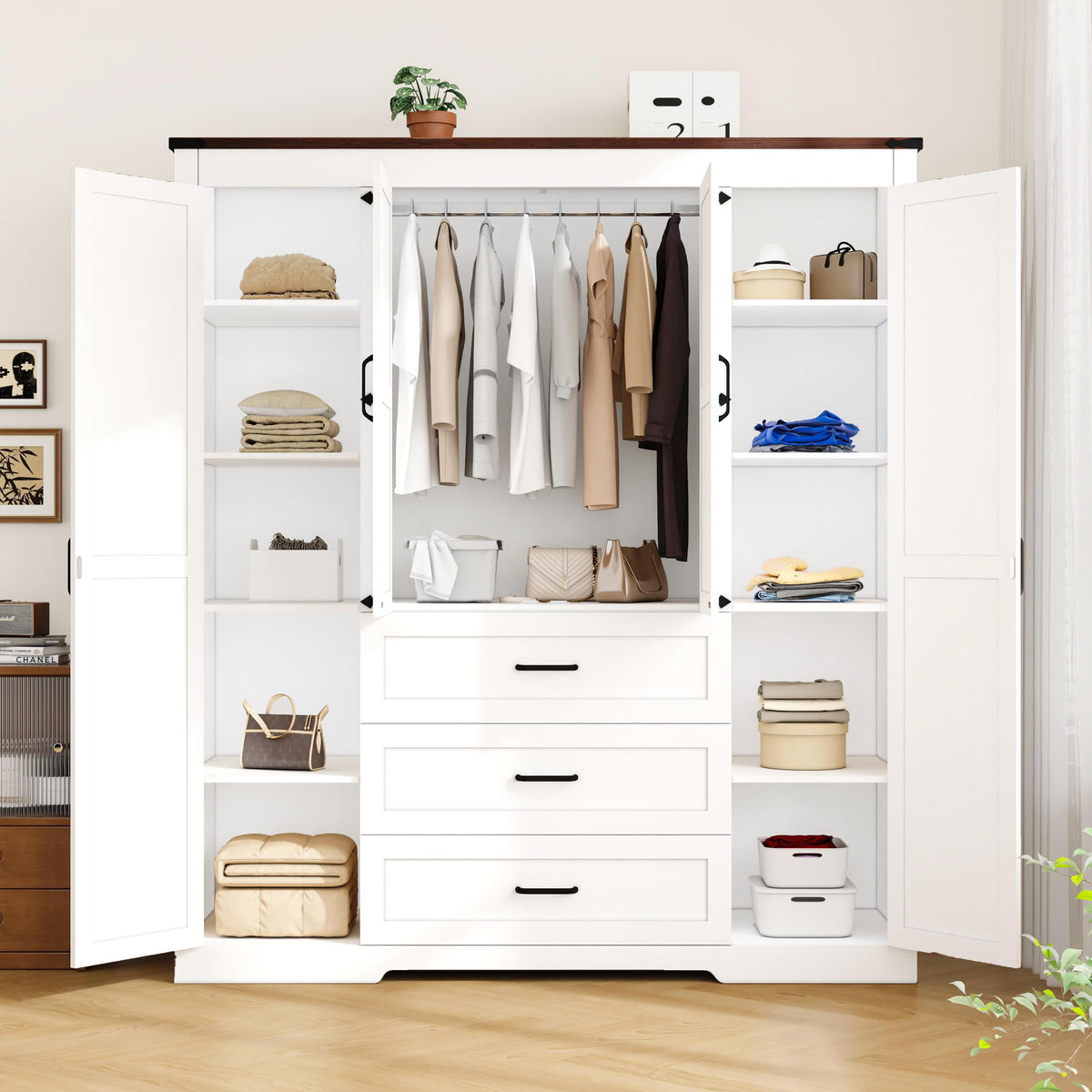 70" Tall Armoire Wardrobe Closet with 4 Doors & 3 Drawers, Farmhouse Bedroom Storage Cabinet with Hanging Rod