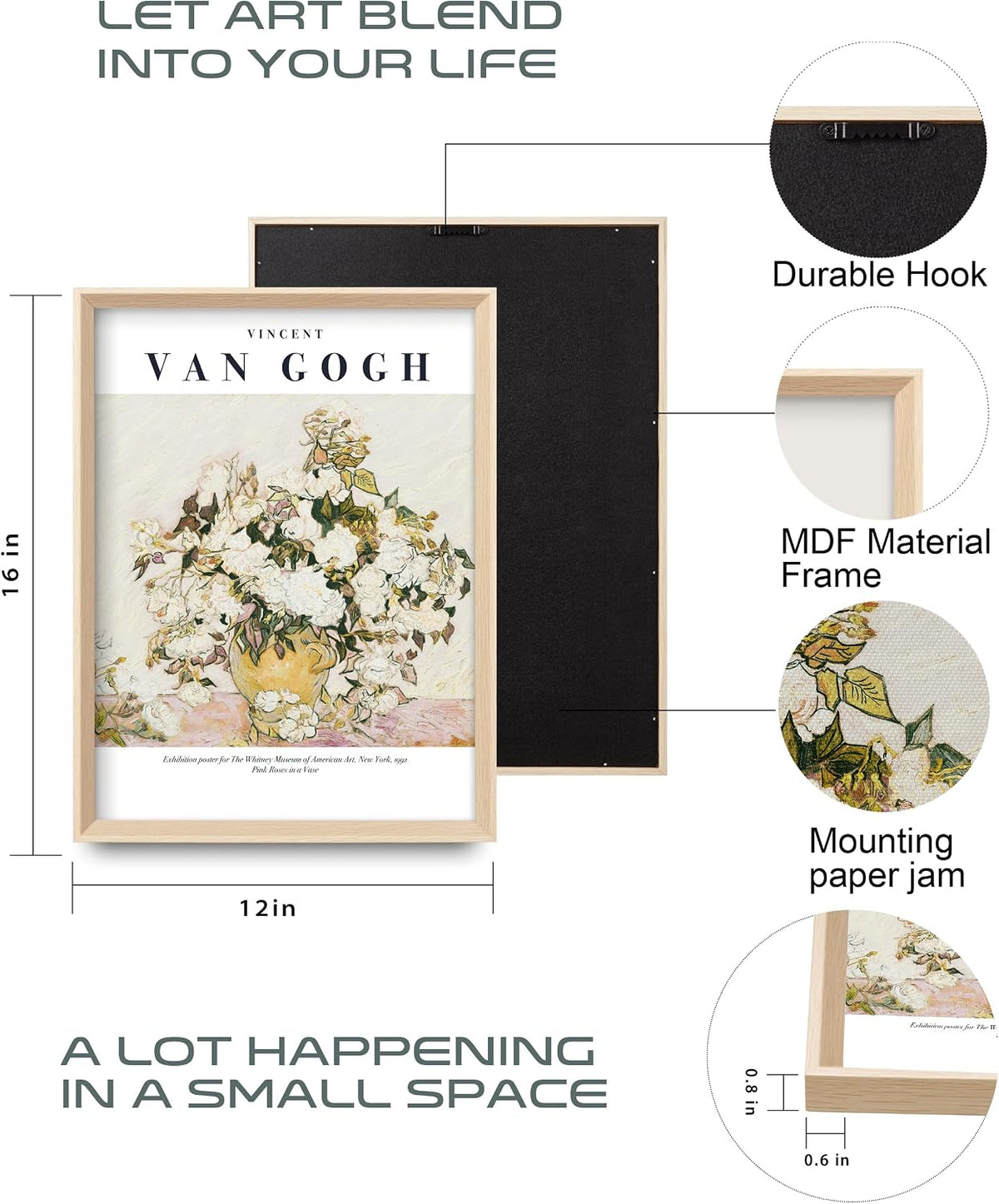 Van Gogh High Framed Wall Art Set of 3, 12x16in Neutral Floral Canvas Prints, Abstract Landscape Artwork Bedroom