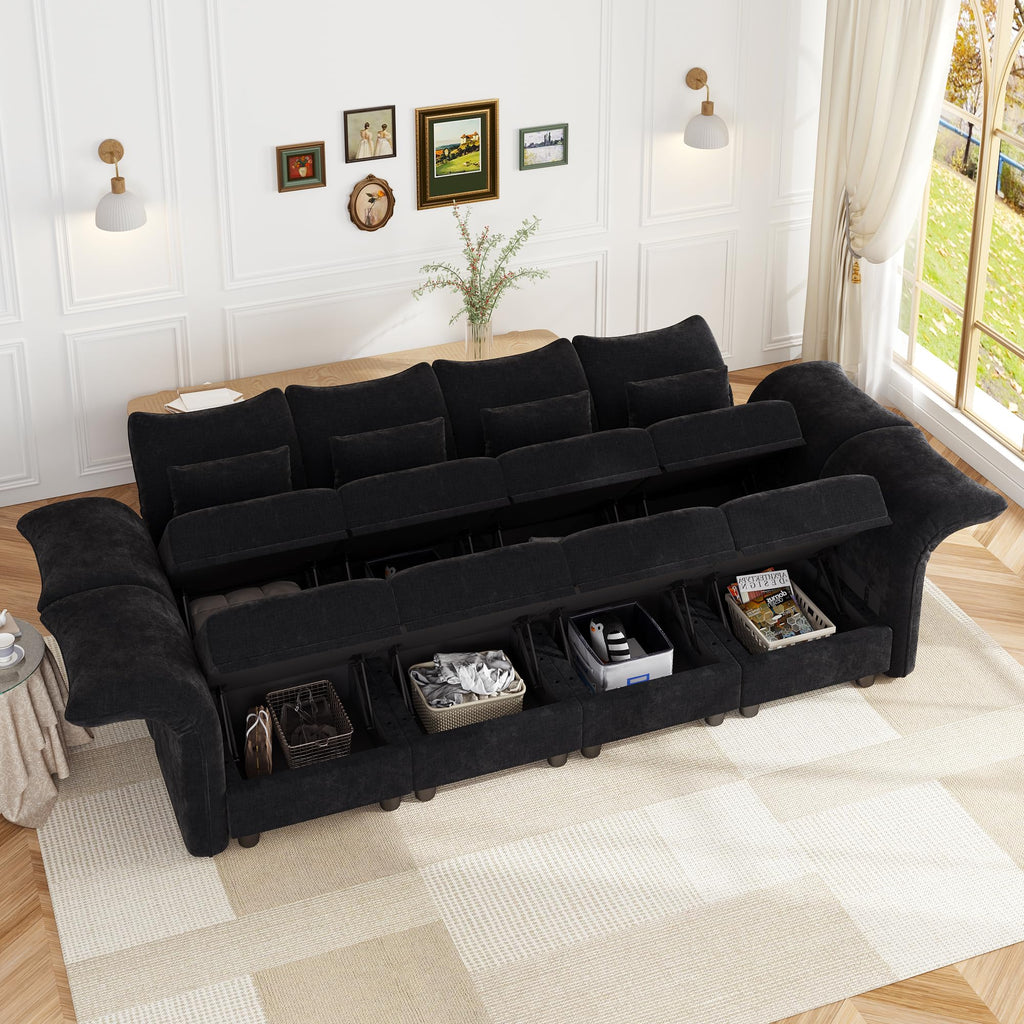 8 Seater Sectional Couches with Hidden Storage, Adjustable Armrest, Black Chenille Modular Sectional Sofa with Plush