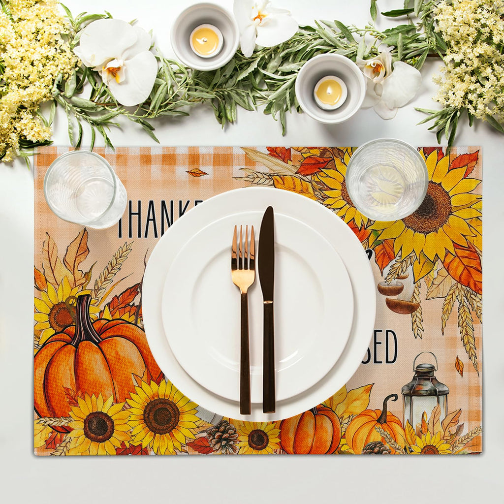 Fall Autumn Placemats, Thanksgiving Pumpkin Sunflower Thankful Grateful Blessed Linen Place Table Mats Washable Stain