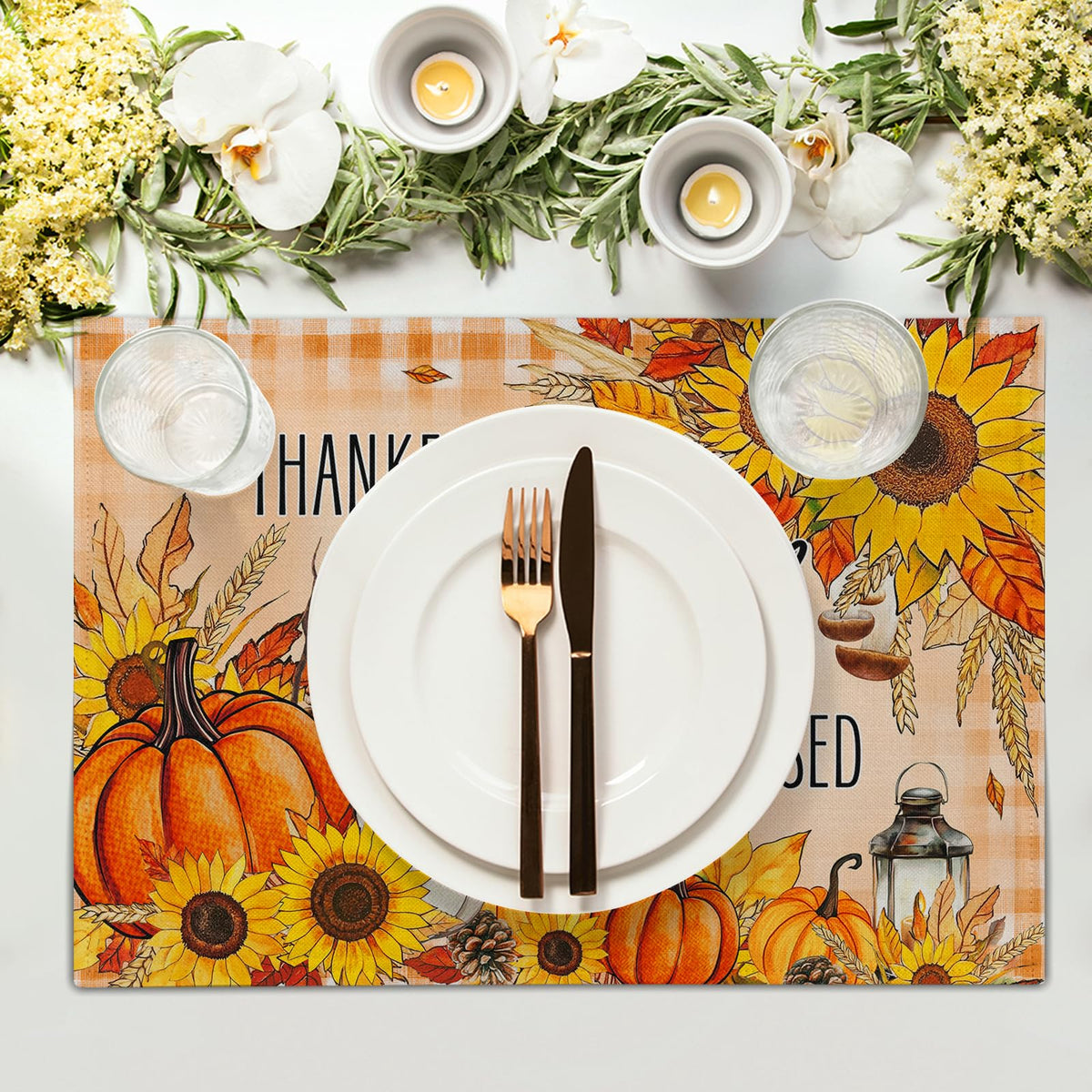 Fall Autumn Placemats, Thanksgiving Pumpkin Sunflower Thankful Grateful Blessed Linen Place Table Mats Washable Stain