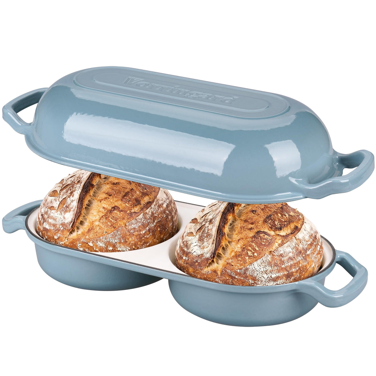 Enameled Cast Iron Double Dutch Oven with Lid, Dual Round Loaf Pan, Bread pan made Sourdough Bread Baking, Sea salt