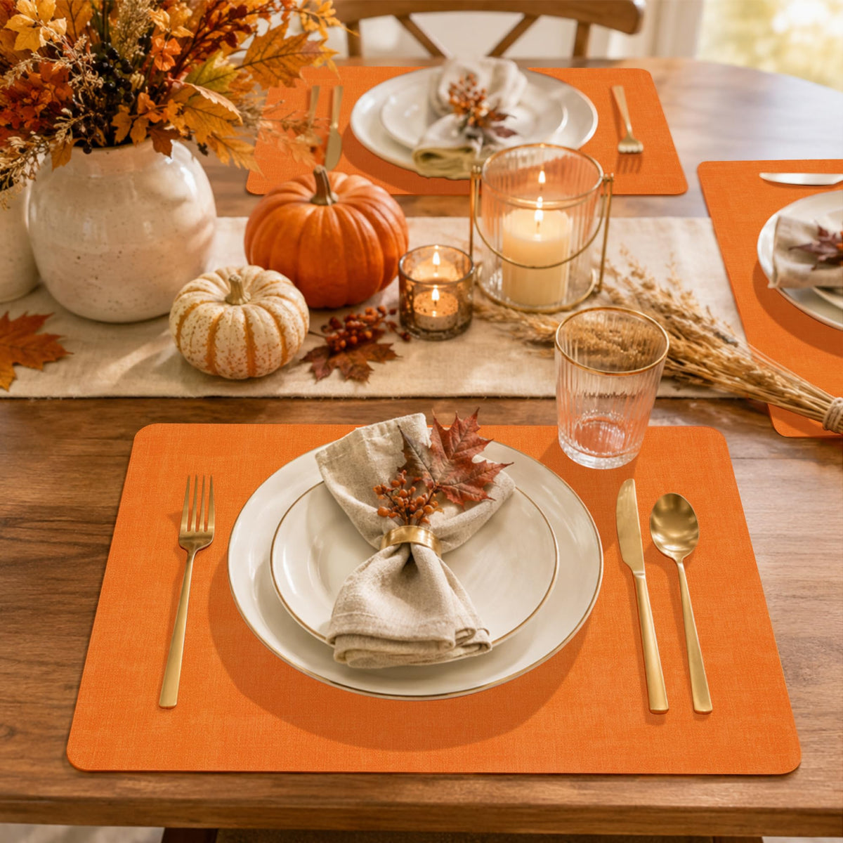 Faux Leather Placemats Set of 6, Easy to Clean, Pumpkin Orange