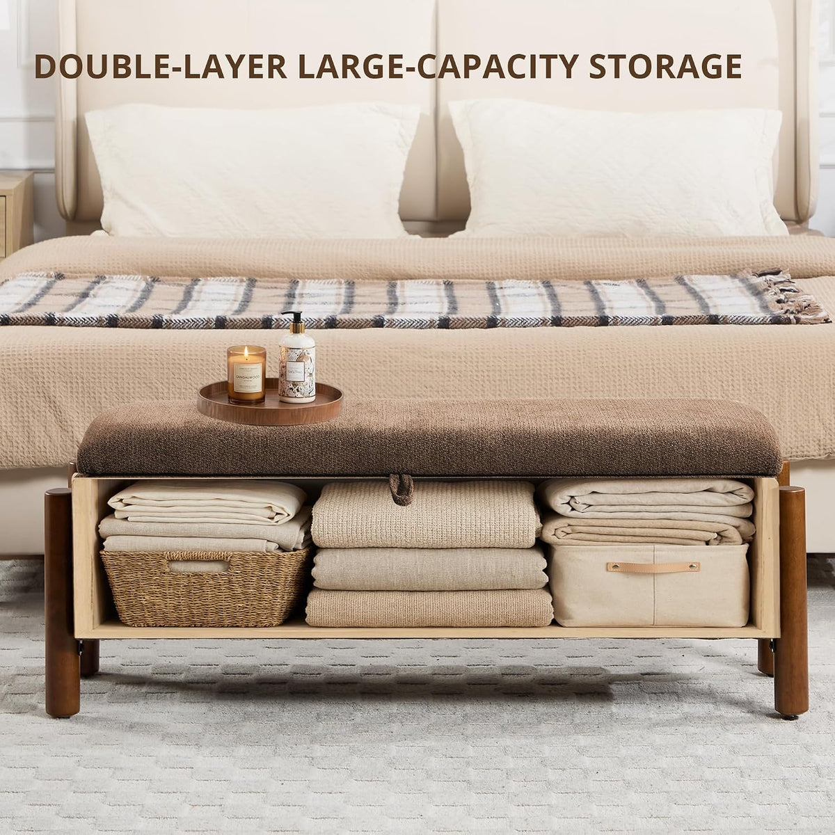 47'' Modern Storage Ottoman Benches with Walnut Wood Legs Ottoman Bench with 22 Gallons Storage Space Fabric