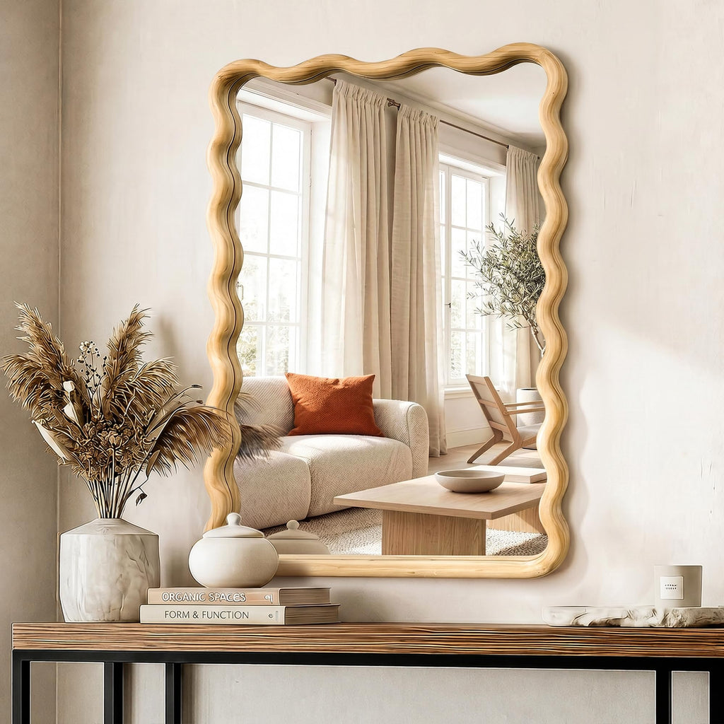 Wavy Wood Bathroom Mirror, 20" x 30" Boho Vanity Mirror for Wall