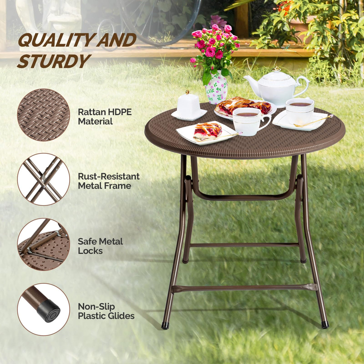 32" Round Folding Commercial Banquet Table, Portable Plastic Coffee Card Dining Table or Outdoor Party Wedding Event
