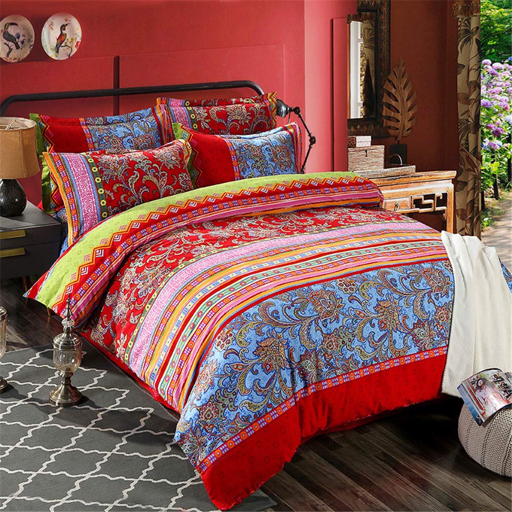 Bohemian Duvet Cover Set Colorful Red Boho Retro Bedding Set Damask Paisley Cotton Duvet Cover Tribal Reversible