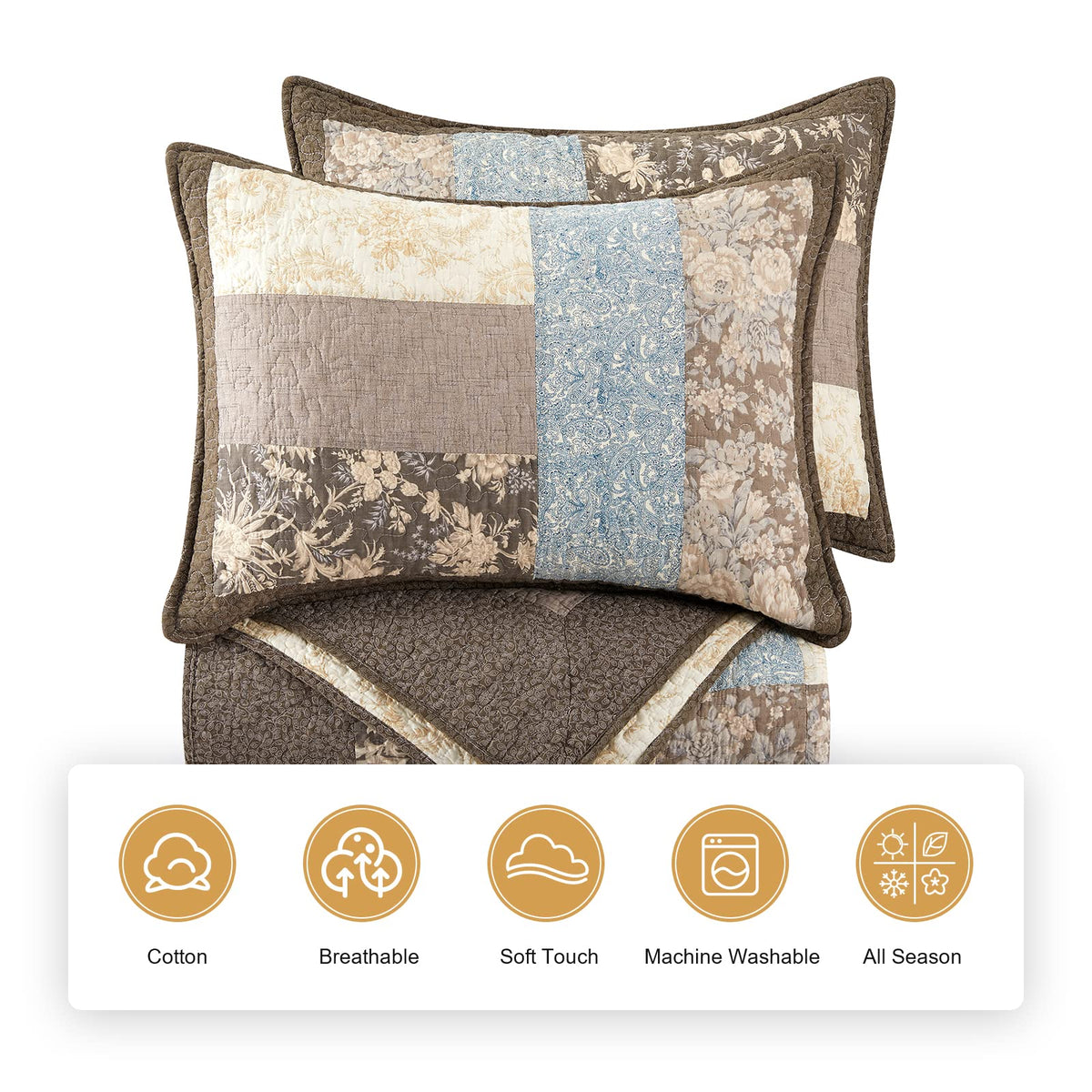 100% Cotton Patchwork Comforter Set 3 Pcs Quilt Sets Cabin Brown Bedspread (90 x 90inch) Reversible Vintage