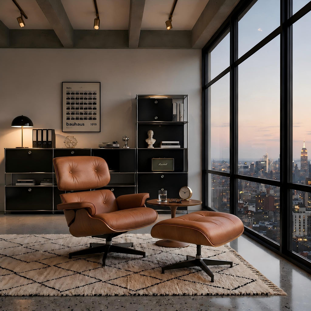 Inspired Eames Style Top Black Grain Leather Mid Century Chaise Lounge Chair and Ottoman, Reading Chair, Leather Accent Chair, Modern