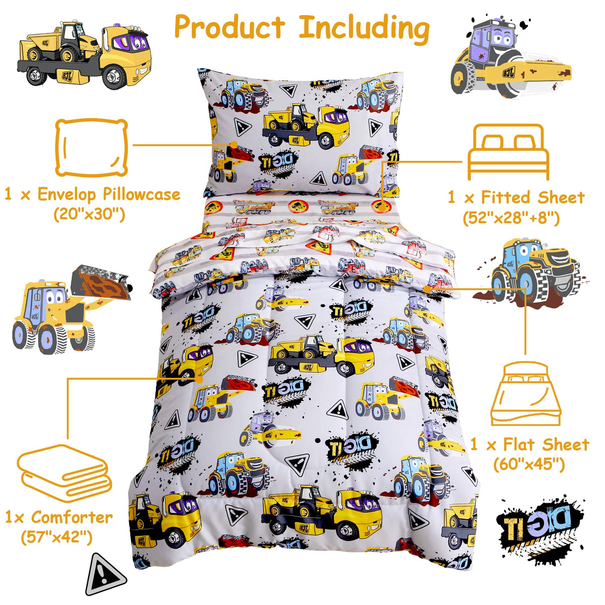 Toddler Bedding Sets for Boys, 4 Pieces Grey Heavy-Duty Vehicles