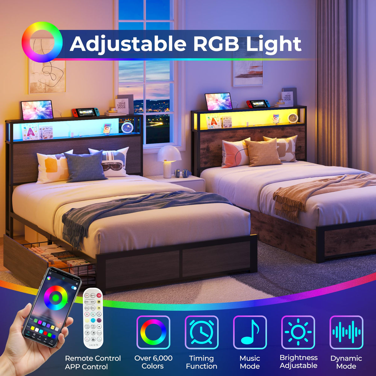 Bed Frame with 2-Tier Storage Headboard, Metal Bed Frame with 2 Storage Drawers, 3-in-1 Charging