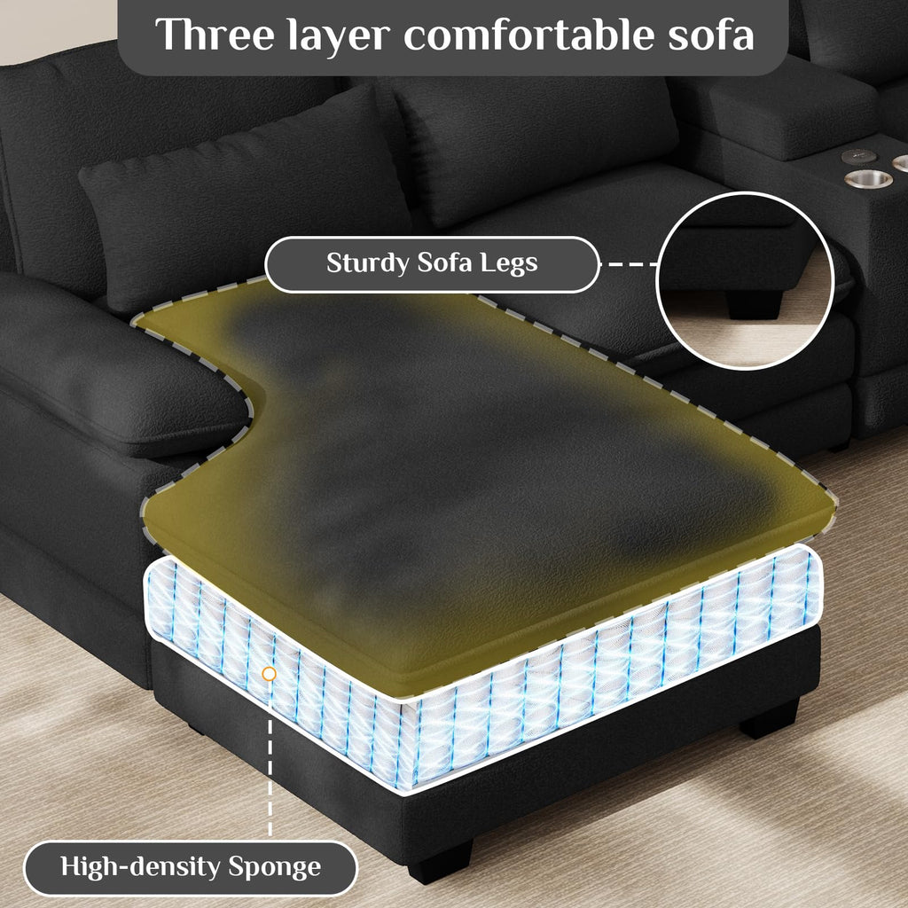 132" U Shaped Cloud Sectional Couch with USB Port, Black