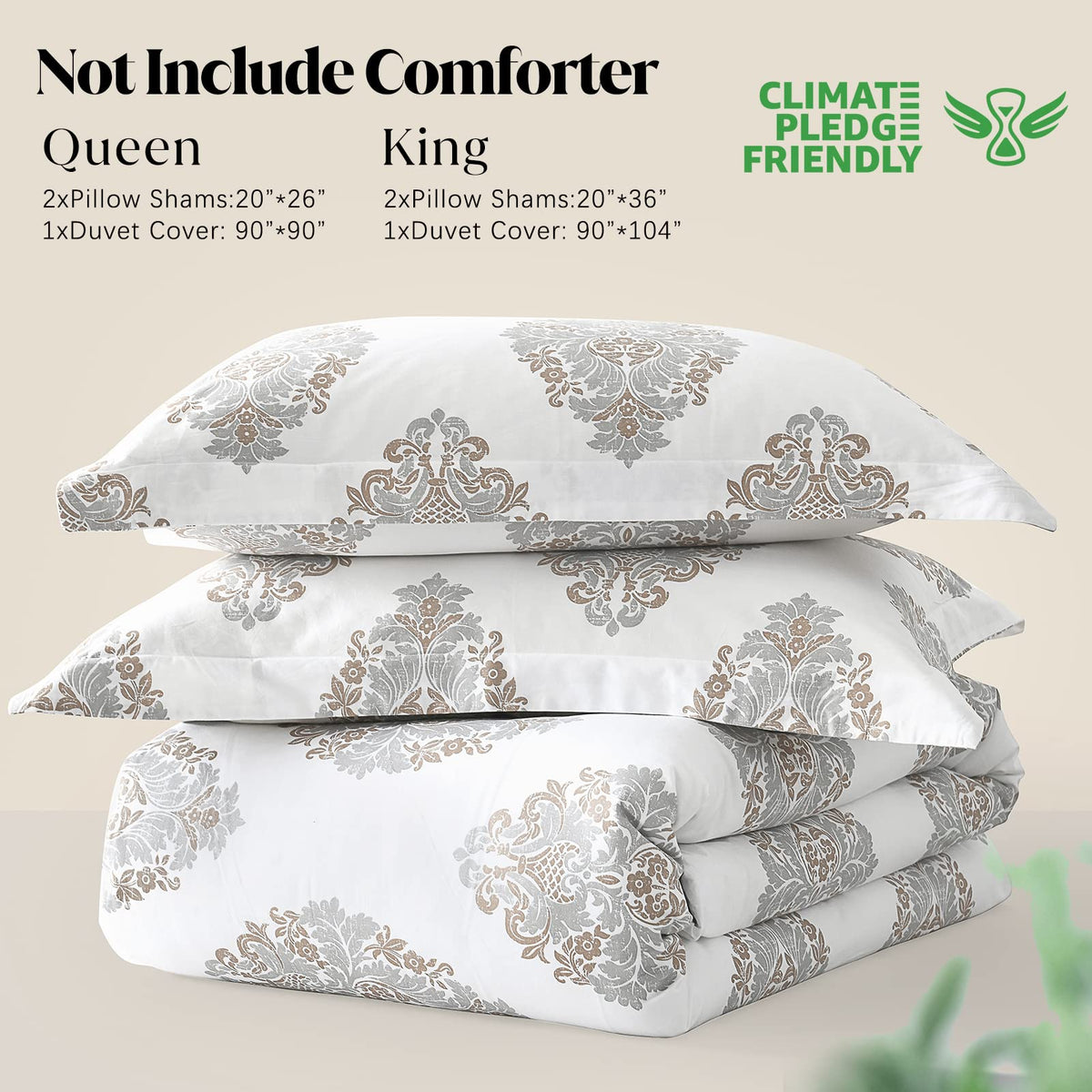 Damask Duvet Cover Set Queen Size, White Gray Paisley, 100% Cotton