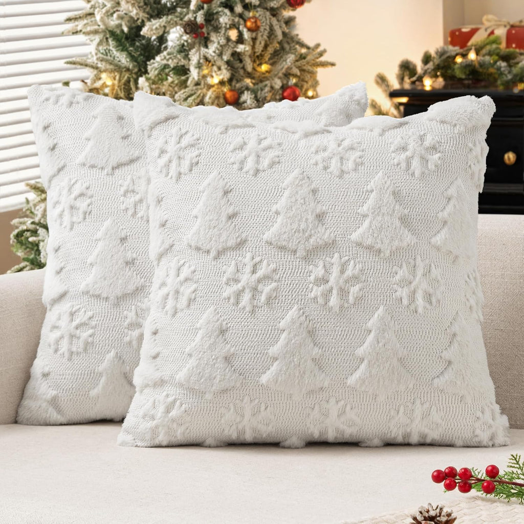 Christmas Decorations Pillow Covers 18x18 White Tree Snowflakes - Set of 2