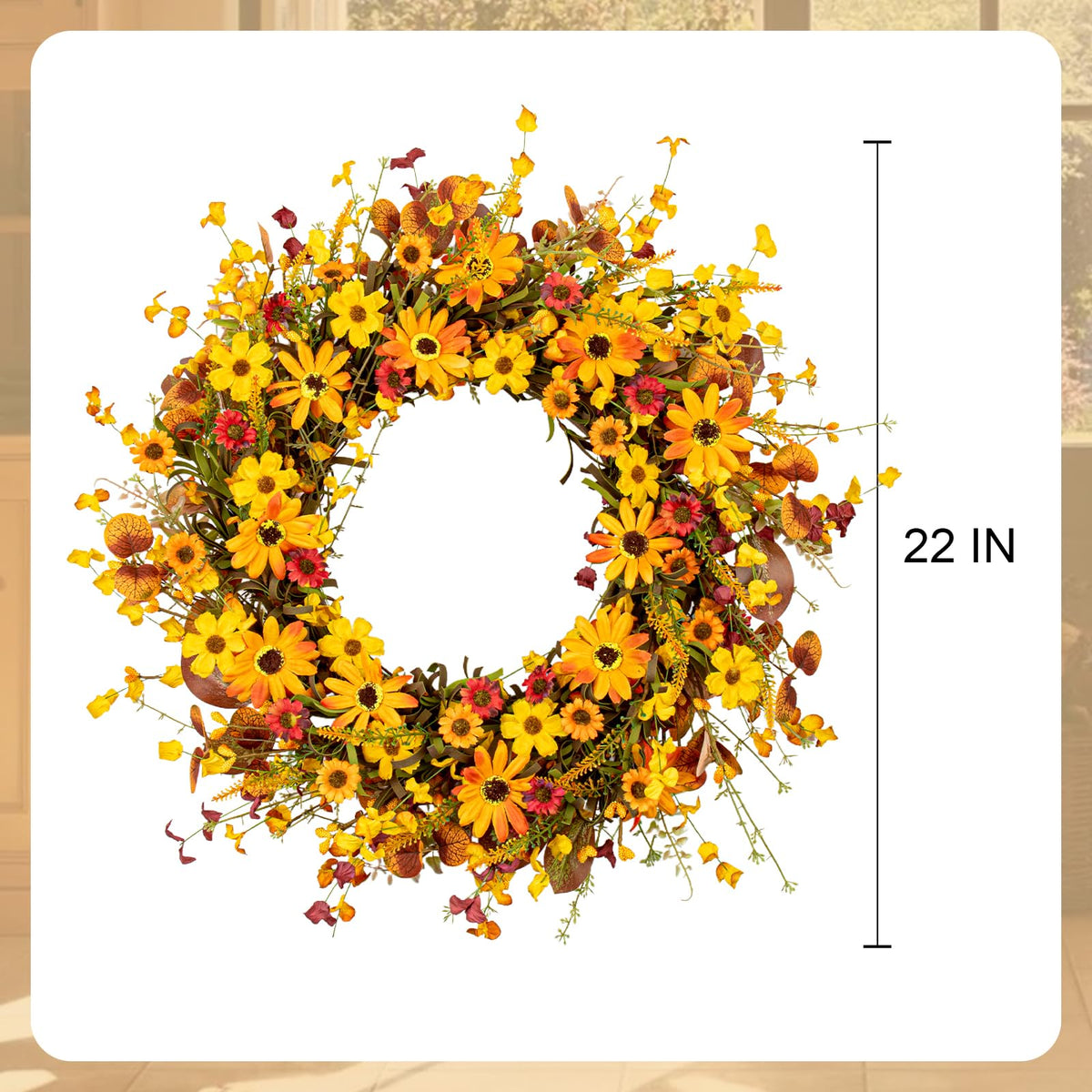 Fall Wreaths for Front Door 22 Inch Artificial Fall Wreath Orange Autumn Wreath with Berries and Eucalyptus Leaves
