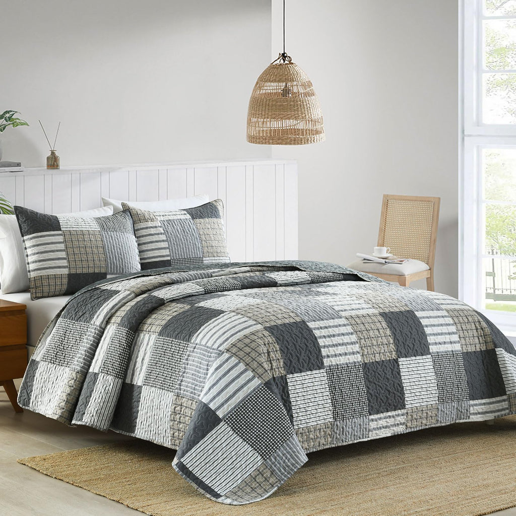 3-Piece Quilt Set, Lightweight Soft Quilt Gray Patchwork Farmhouse Bedspread Coverlet 90x90 inches