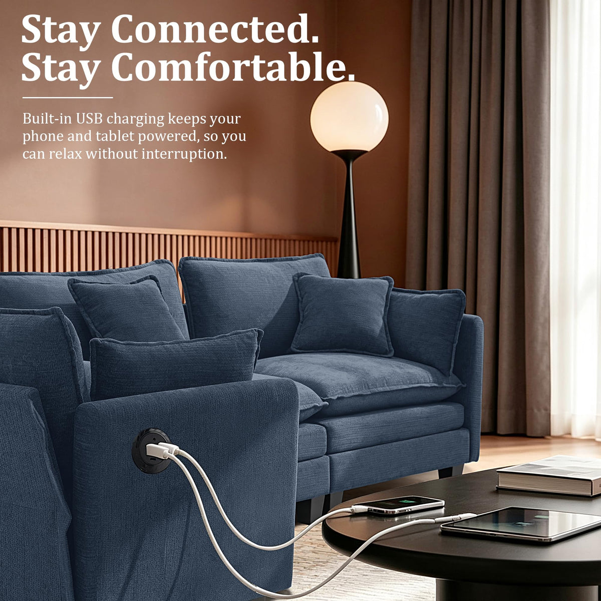 112" Modular Sectional Sofa with USB Charging Port, Water-Repellent Stain-Resistant Fabric, Deep Seat 5-Seat U Shaped