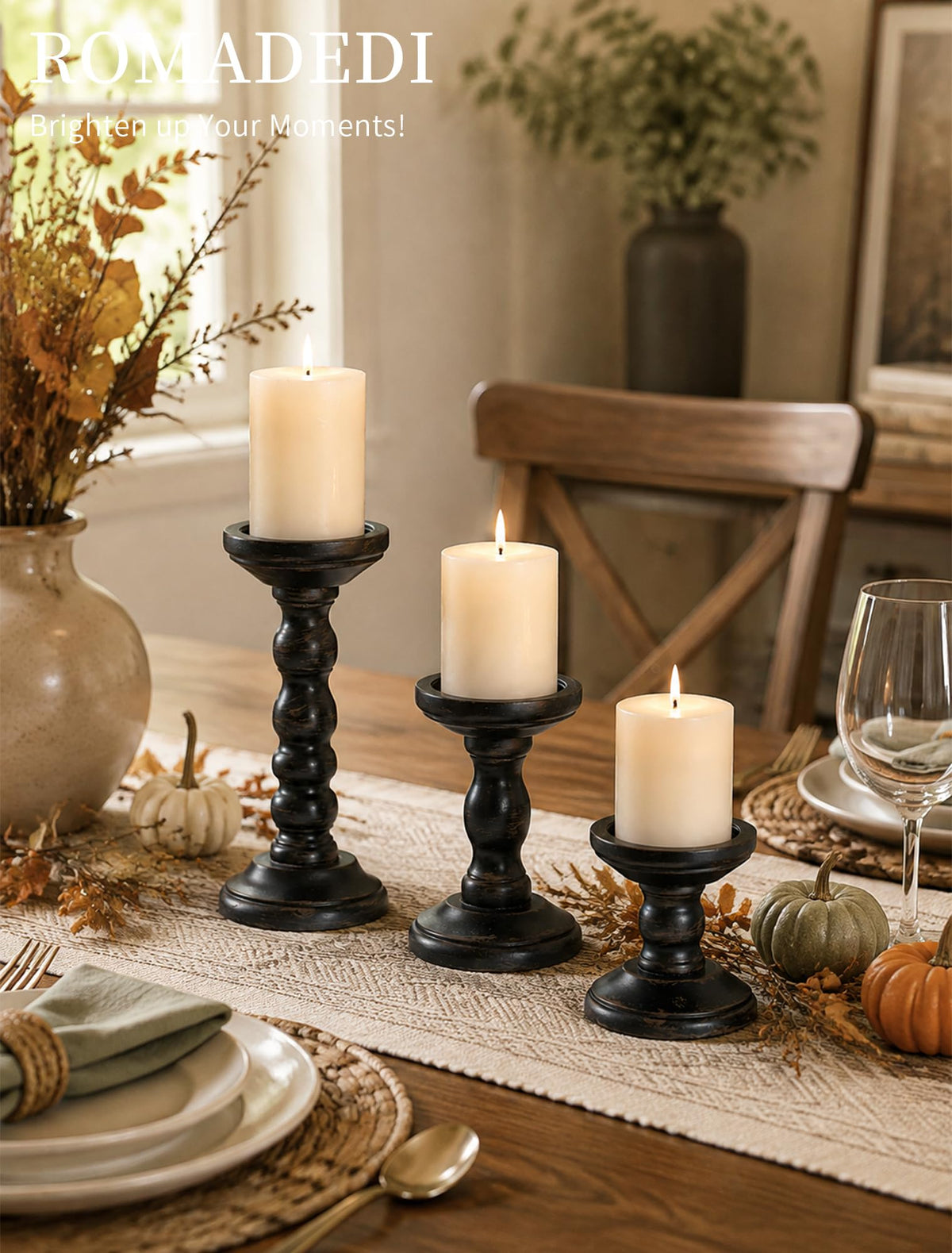 Solid Wood Pillar Candle Holder, Black, Set of 3, 8.3/5.9/3.9-in