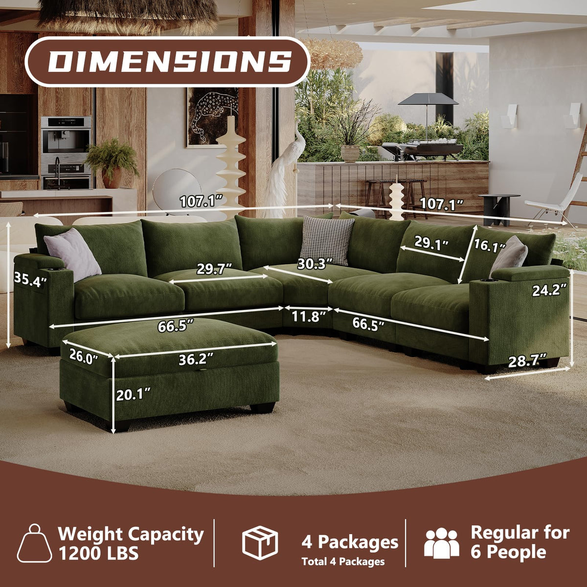 107" L Shaped Sectional Couches with Cup Holder