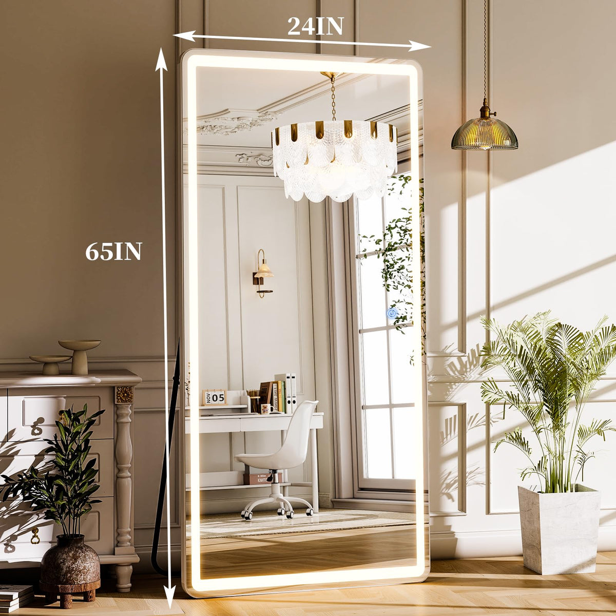 Full Length Mirror with LED Lights, 65"x24" LED Rectangle Standing Mirrors with Light, Floor Mirror with Stand
