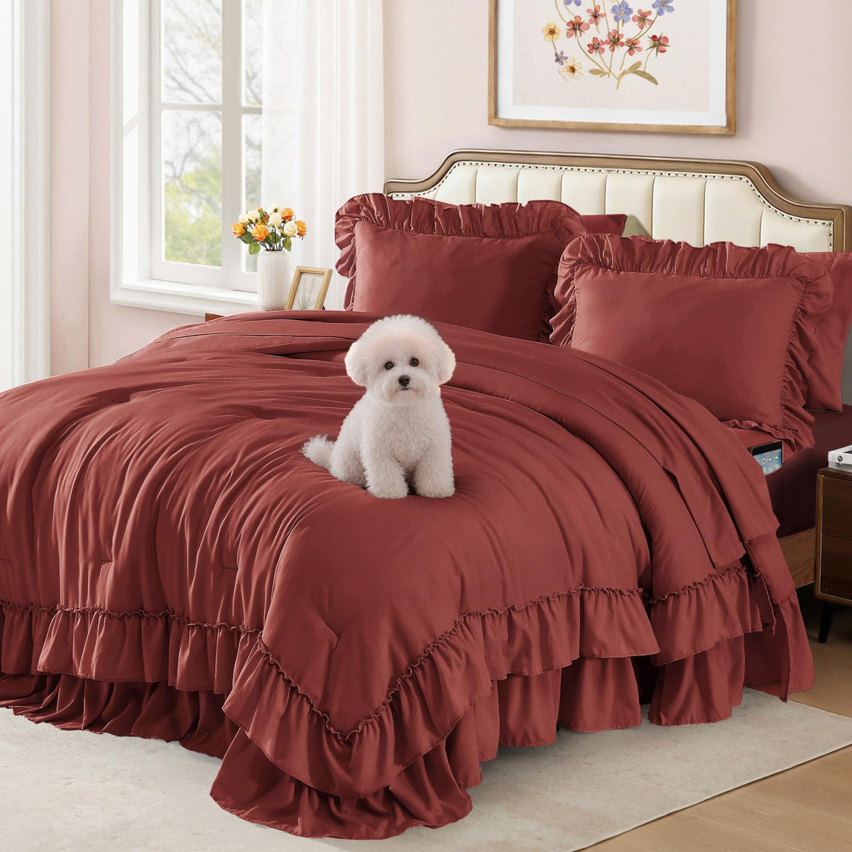 Comforter Set Syrah Red Ruffle 7 Pieces Farmhouse Bed in a Bag